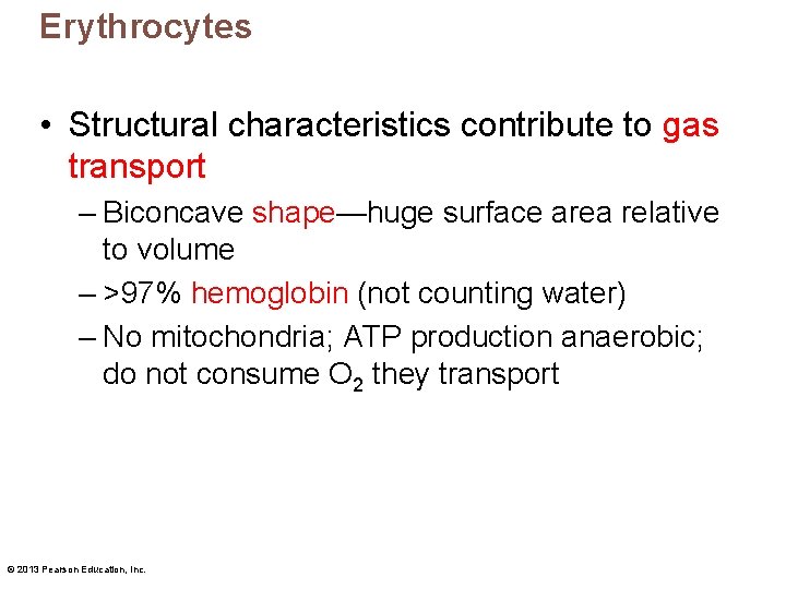 Erythrocytes • Structural characteristics contribute to gas transport – Biconcave shape—huge surface area relative