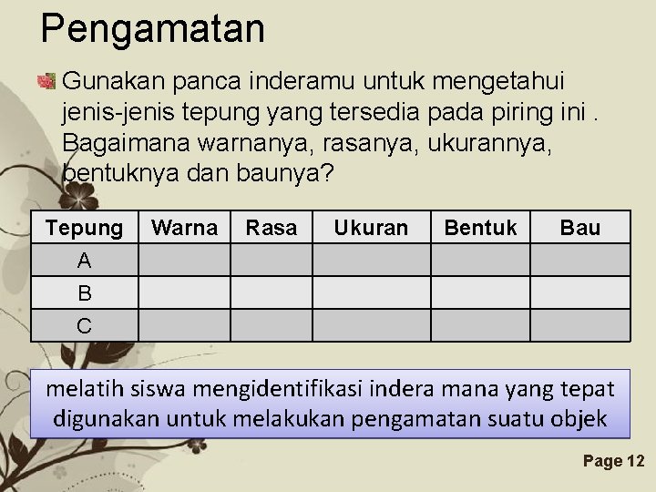 Pengamatan Gunakan panca inderamu untuk mengetahui jenis-jenis tepung yang tersedia pada piring ini. Bagaimana