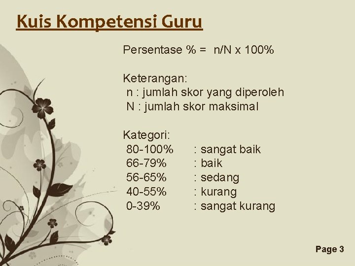 Kuis Kompetensi Guru Persentase % = n/N x 100% Keterangan: n : jumlah skor