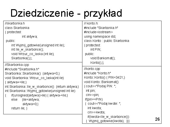 Dziedziczenie - przykład //skarbonka. h class Skarbonka { protected: int aktywa; public: int Wyjmij_gotowke(unsigned