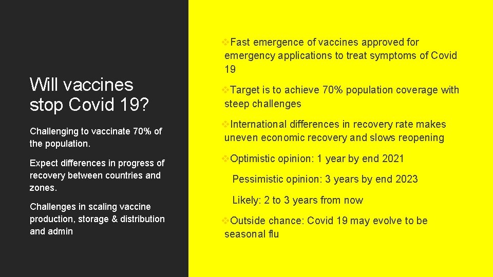 Will vaccines stop Covid 19? Challenging to vaccinate 70% of the population. Expect differences