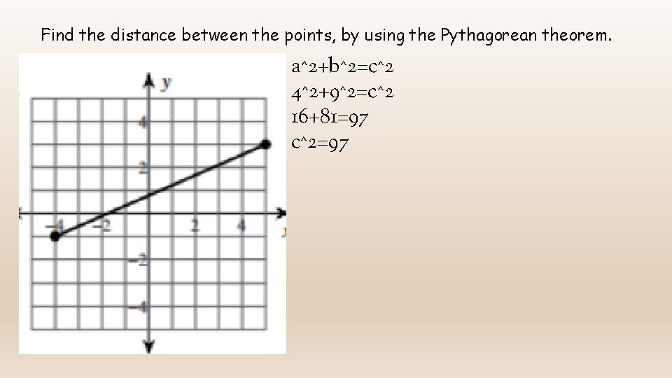 Find the distance between the points, by using the Pythagorean theorem. a^2+b^2=c^2 4^2+9^2=c^2 16+81=97