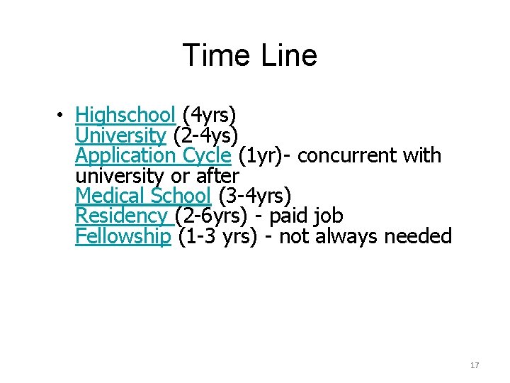 Time Line • Highschool (4 yrs) University (2 -4 ys) Application Cycle (1 yr)-