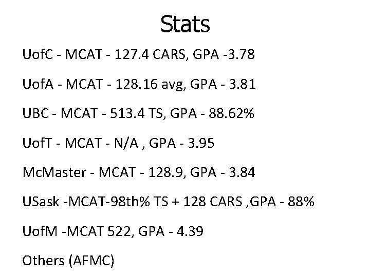 Stats Uof. C - MCAT - 127. 4 CARS, GPA -3. 78 Uof. A