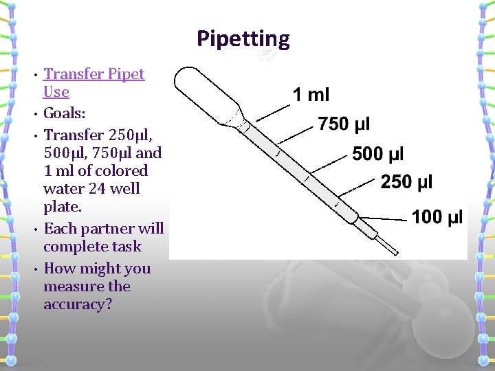 Pipetting • • • Transfer Pipet Use Goals: Transfer 250μl, 500μl, 750μl and 1