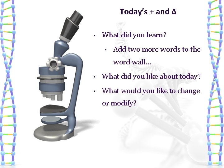 Today’s + and Δ • What did you learn? • Add two more words