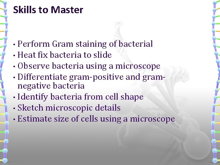 Skills to Master • Perform Gram staining of bacterial • Heat fix bacteria to