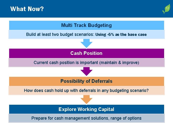 What Now? 12 12 Multi Track Budgeting Build at least two budget scenarios: Using