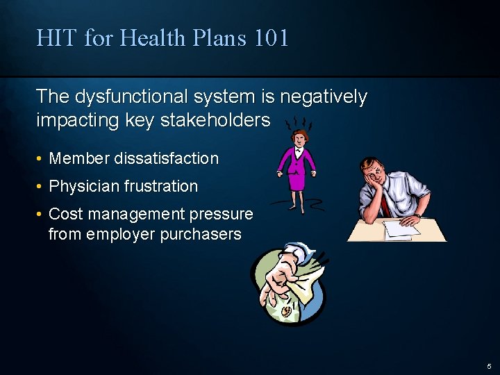 HIT for Health Plans 101 The dysfunctional system is negatively impacting key stakeholders •