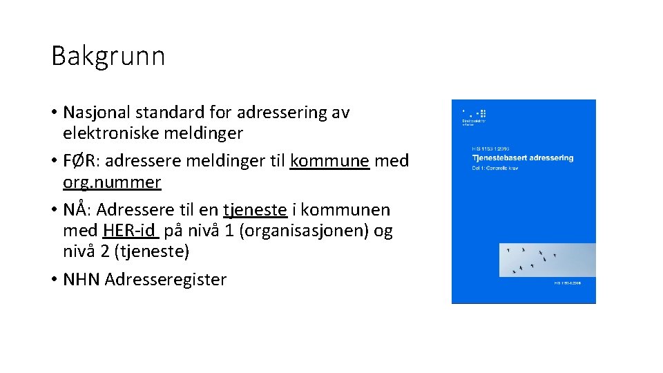 Bakgrunn • Nasjonal standard for adressering av elektroniske meldinger • FØR: adressere meldinger til