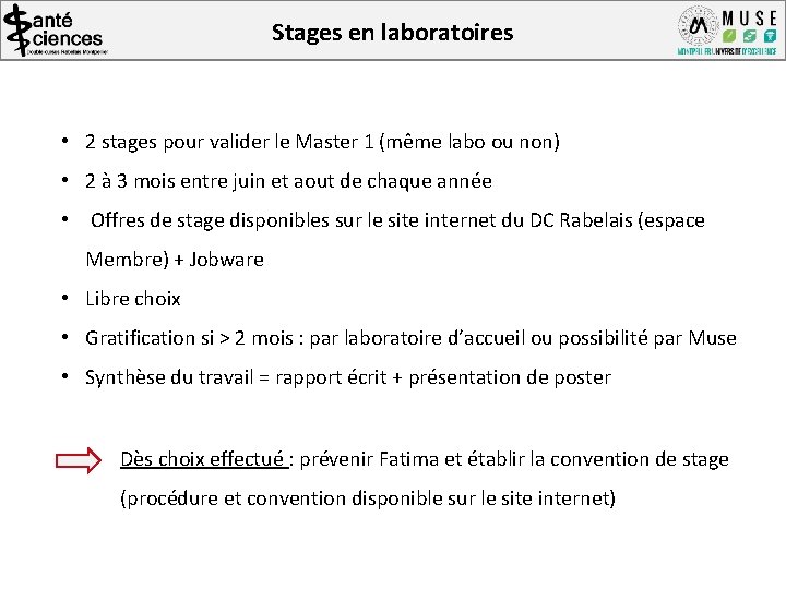 Stages en laboratoires • 2 stages pour valider le Master 1 (même labo ou