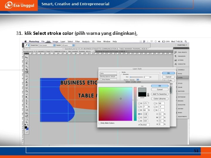 31. klik Select stroke color (pilih warna yang diinginkan), 51 