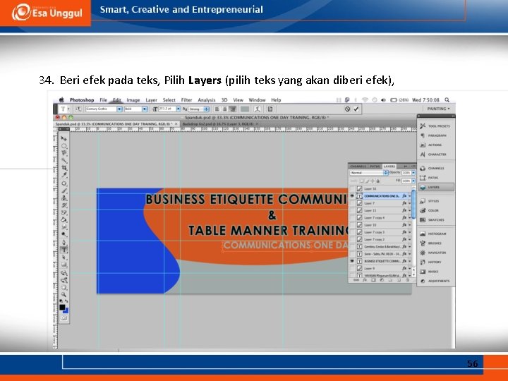 34. Beri efek pada teks, Pilih Layers (pilih teks yang akan diberi efek), 56