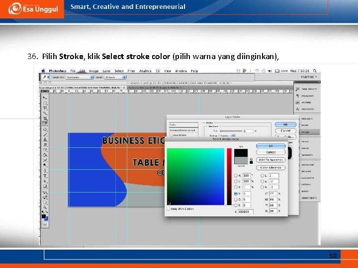 36. Pilih Stroke, klik Select stroke color (pilih warna yang diinginkan), 58 