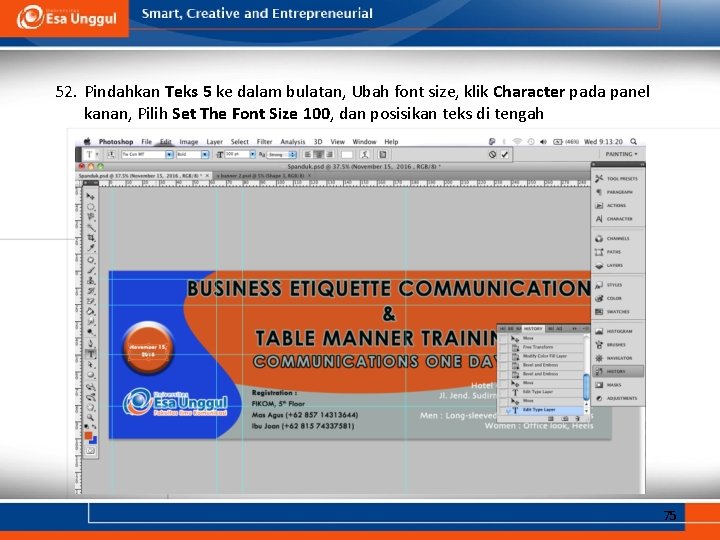 52. Pindahkan Teks 5 ke dalam bulatan, Ubah font size, klik Character pada panel