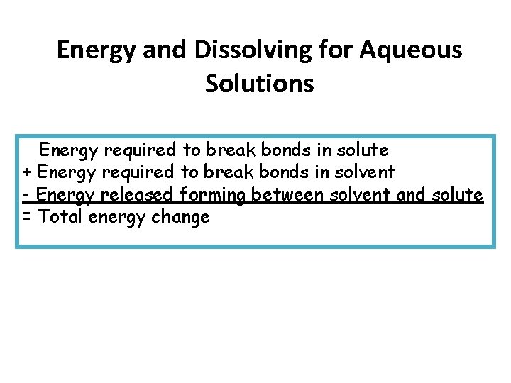 Energy and Dissolving for Aqueous Solutions Energy required to break bonds in solute +