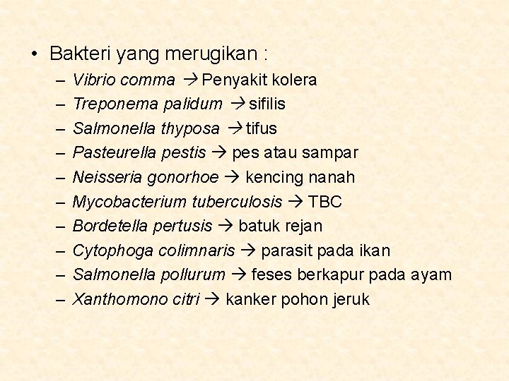  • Bakteri yang merugikan : – – – – – Vibrio comma Penyakit