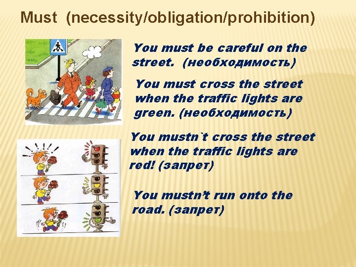 Must (necessity/obligation/prohibition) You must be careful on the street. (необходимость) You must cross the