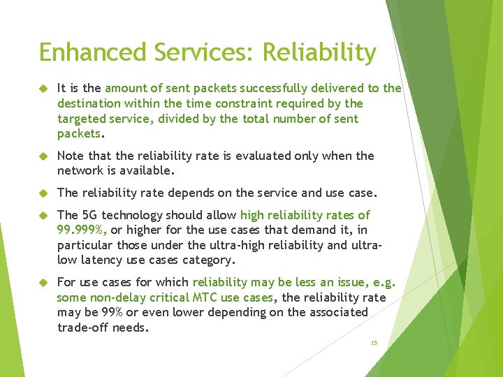 Enhanced Services: Reliability It is the amount of sent packets successfully delivered to the