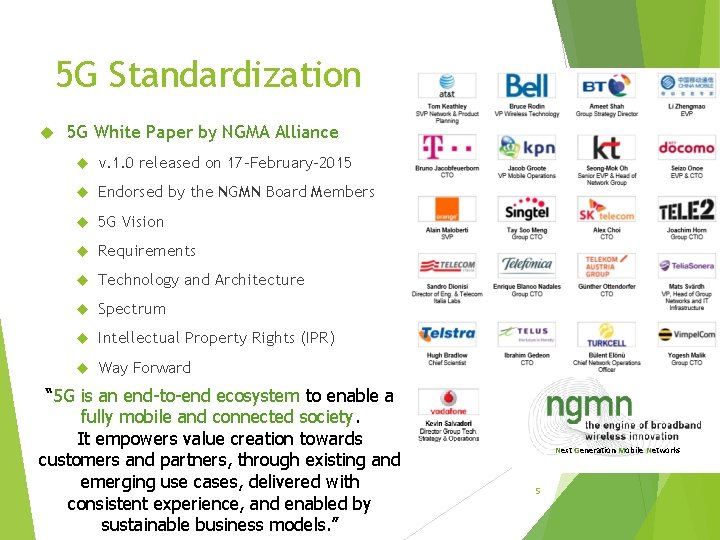 5 G Standardization 5 G White Paper by NGMA Alliance v. 1. 0 released