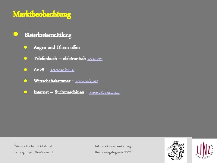 Marktbeobachtung l Bieterkreisermittlung l Augen und Ohren offen l Telefonbuch – elektronisch tel 32.