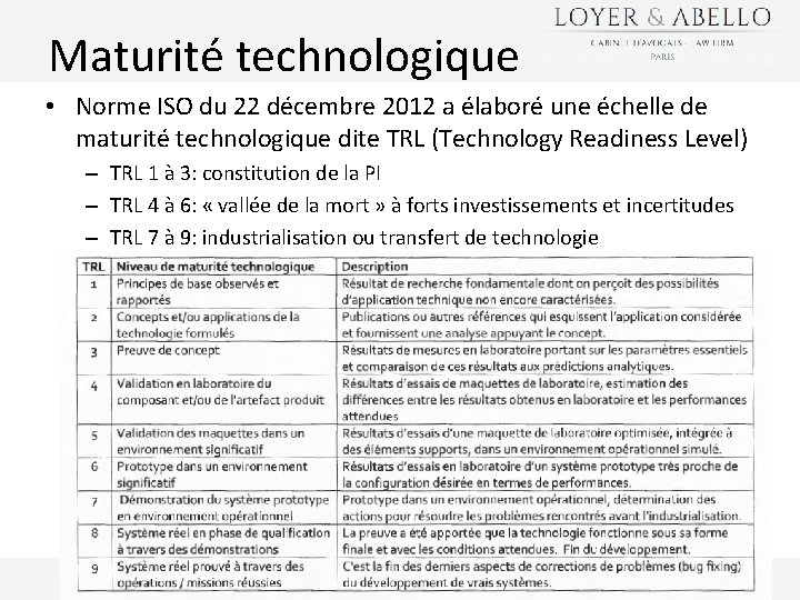 Maturité technologique • Norme ISO du 22 décembre 2012 a élaboré une échelle de