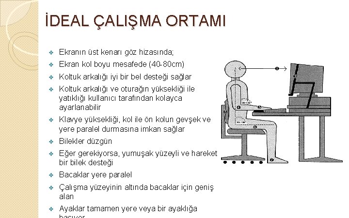 İDEAL ÇALIŞMA ORTAMI v Ekranın üst kenarı göz hizasında; v Ekran kol boyu mesafede