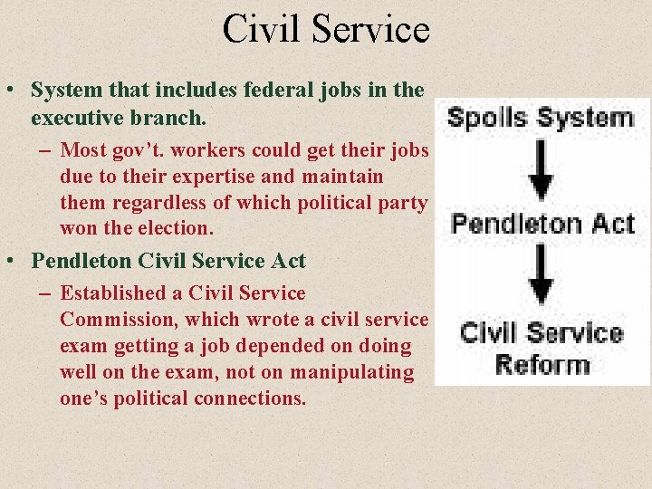 Civil Service • System that includes federal jobs in the executive branch. – Most