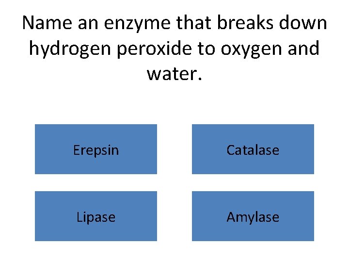 Name an enzyme that breaks down hydrogen peroxide to oxygen and water. Erepsin Catalase