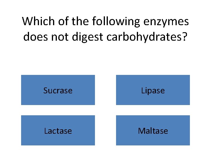 Which of the following enzymes does not digest carbohydrates? Sucrase Lipase Lactase Maltase 