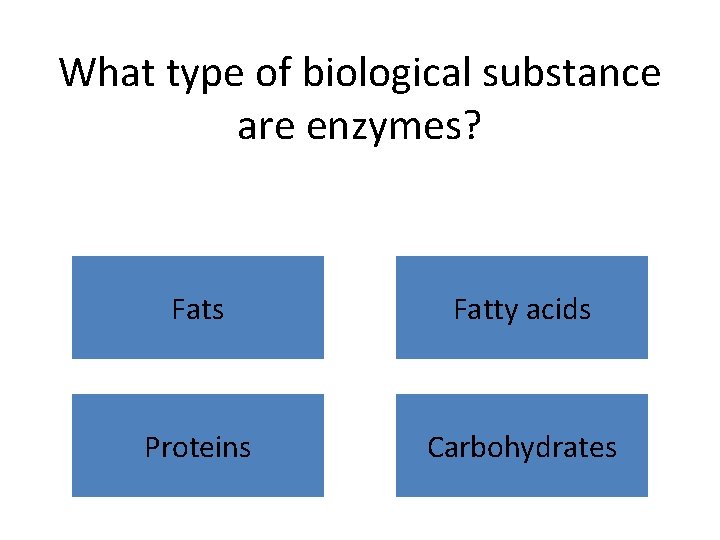 What type of biological substance are enzymes? Fats Fatty acids Proteins Carbohydrates 