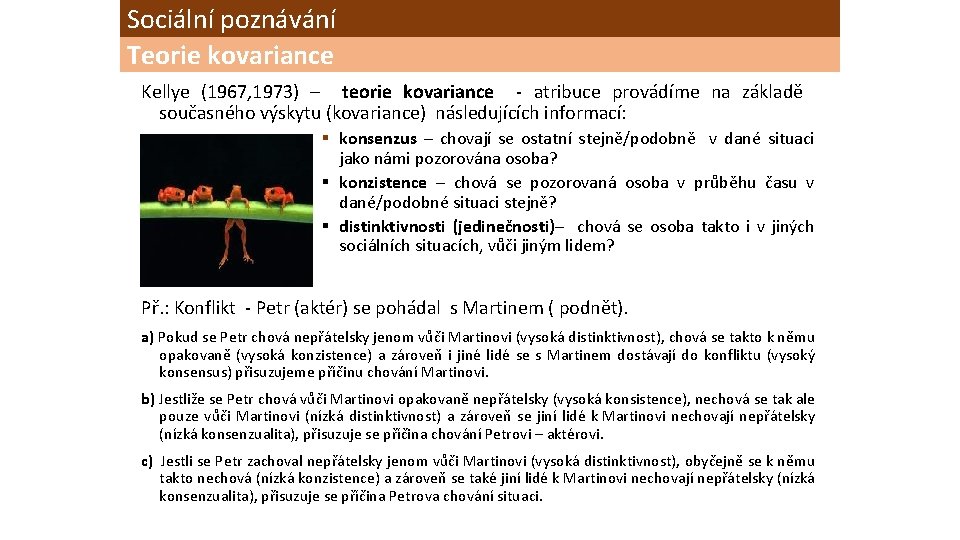 Sociální poznávání Teorie kovariance Kellye (1967, 1973) – teorie kovariance - atribuce provádíme na