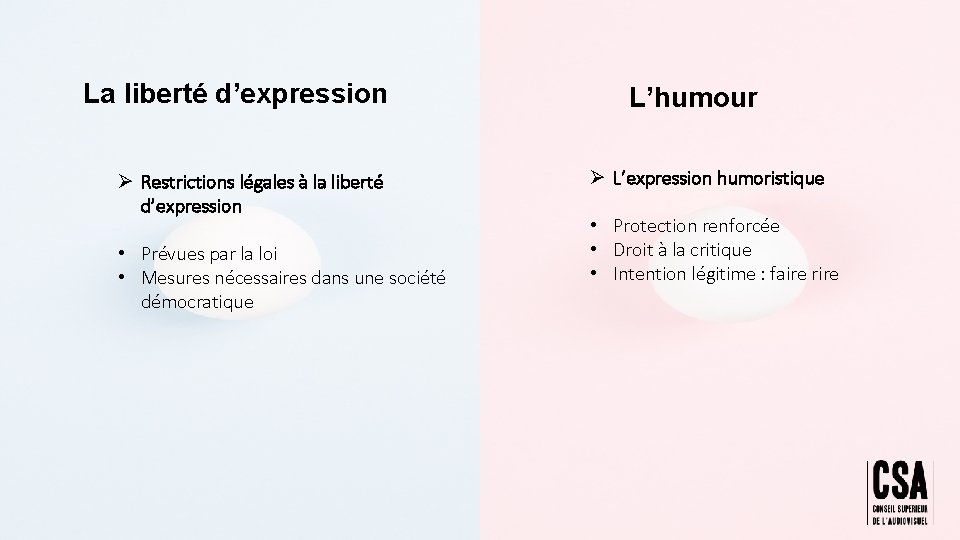 La liberté d’expression Ø Restrictions légales à la liberté d’expression • Prévues par la