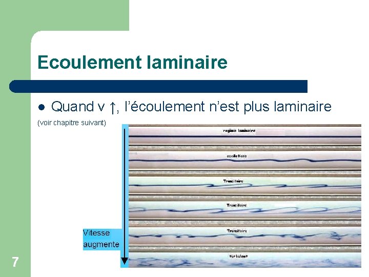 Ecoulement laminaire Quand v ↑, l’écoulement n’est plus laminaire (voir chapitre suivant) 7 