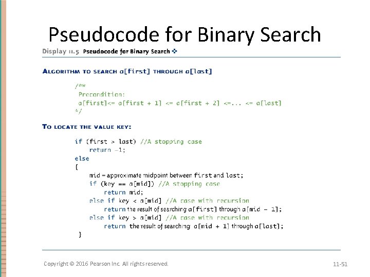 Pseudocode for Binary Search Copyright © 2016 Pearson Inc. All rights reserved. 11 -51