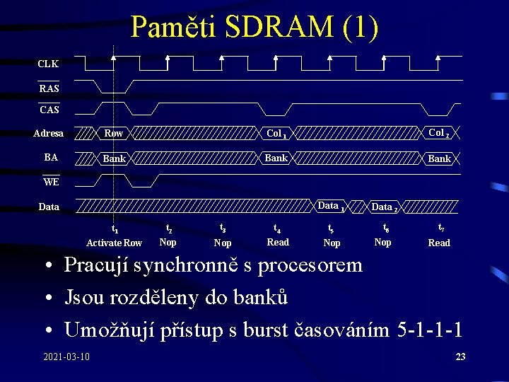 Paměti SDRAM (1) CLK RAS CAS Adresa Row Col 1 Col 2 BA Bank