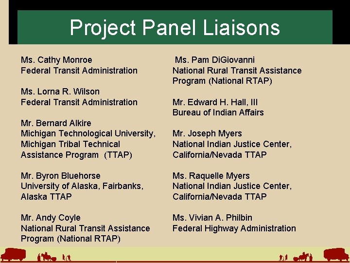 Project Panel Liaisons Ms. Cathy Monroe Federal Transit Administration Ms. Lorna R. Wilson Federal