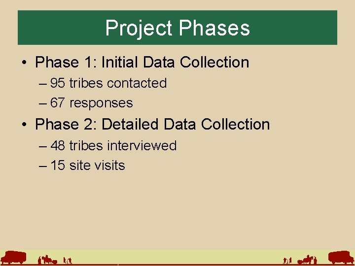 Project Phases • Phase 1: Initial Data Collection – 95 tribes contacted – 67