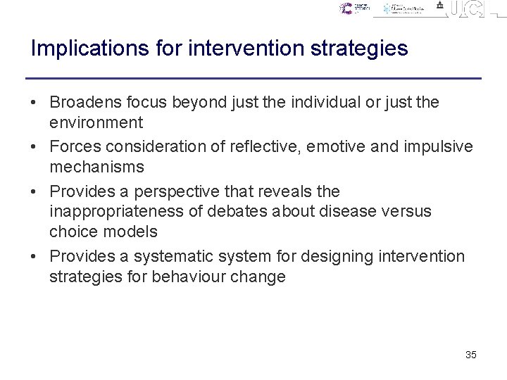 Implications for intervention strategies • Broadens focus beyond just the individual or just the