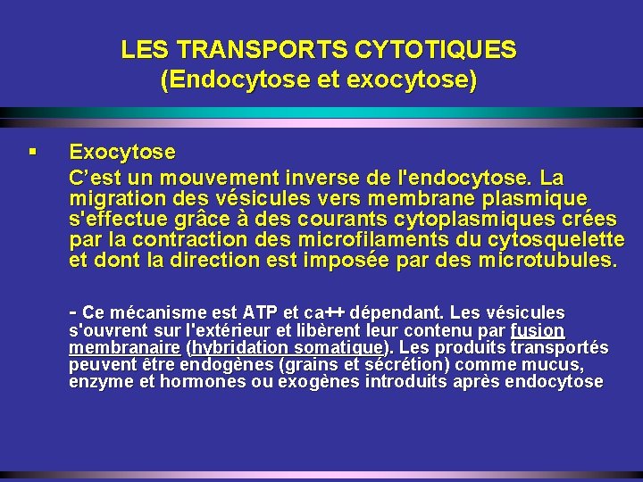 LES TRANSPORTS CYTOTIQUES (Endocytose et exocytose) § Exocytose C’est un mouvement inverse de l'endocytose.