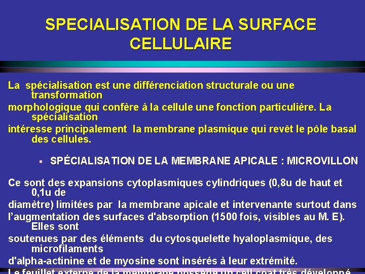 SPECIALISATION DE LA SURFACE CELLULAIRE La spécialisation est une différenciation structurale ou une transformation