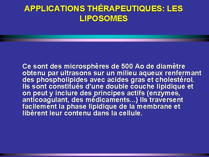 APPLICATIONS THÉRAPEUTIQUES: LES LIPOSOMES Ce sont des microsphères de 500 Ao de diamètre obtenu