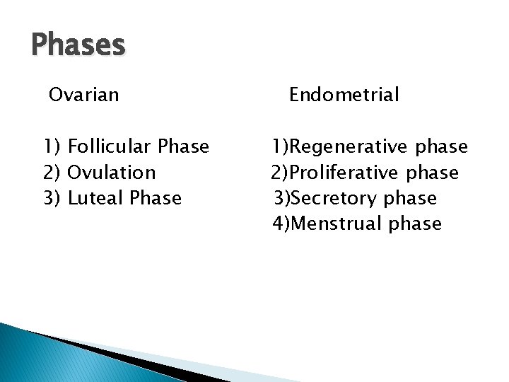 Phases Ovarian 1) Follicular Phase 2) Ovulation 3) Luteal Phase Endometrial 1)Regenerative phase 2)Proliferative