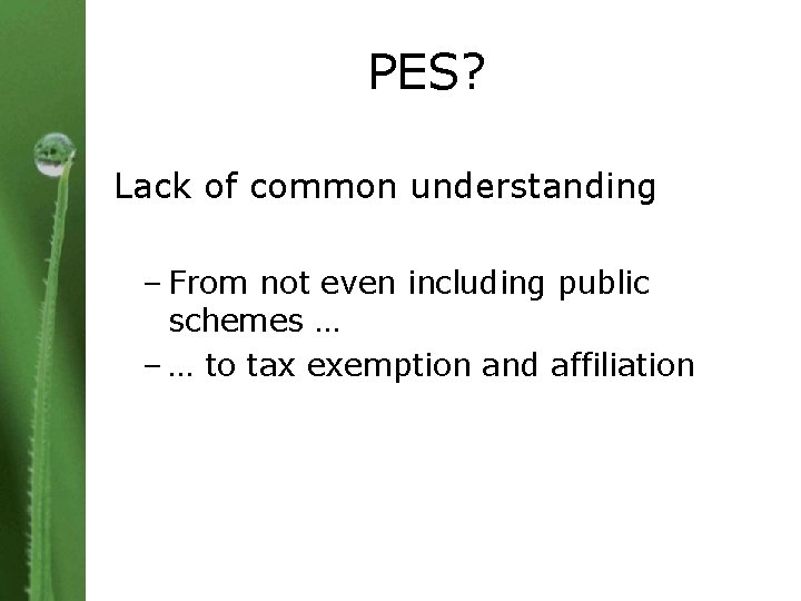 PES? Lack of common understanding – From not even including public schemes … –