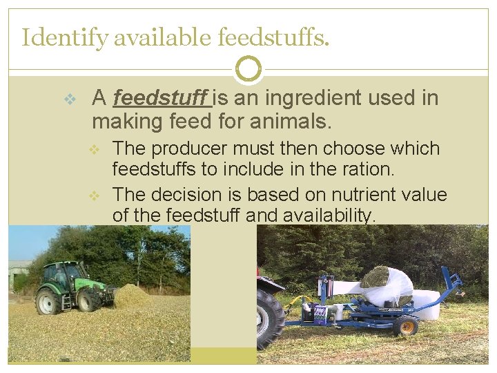 Identify available feedstuffs. v A feedstuff is an ingredient used in making feed for