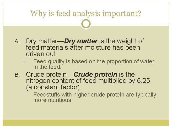 Why is feed analysis important? A. Dry matter—Dry matter is the weight of feed