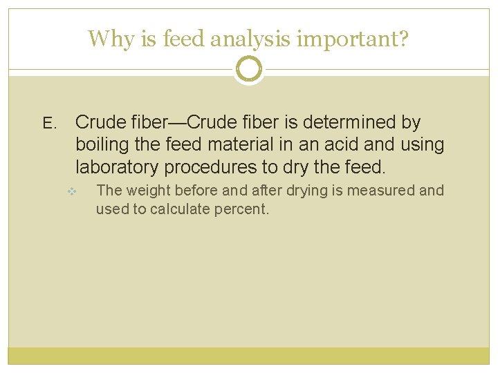 Why is feed analysis important? E. Crude fiber—Crude fiber is determined by boiling the