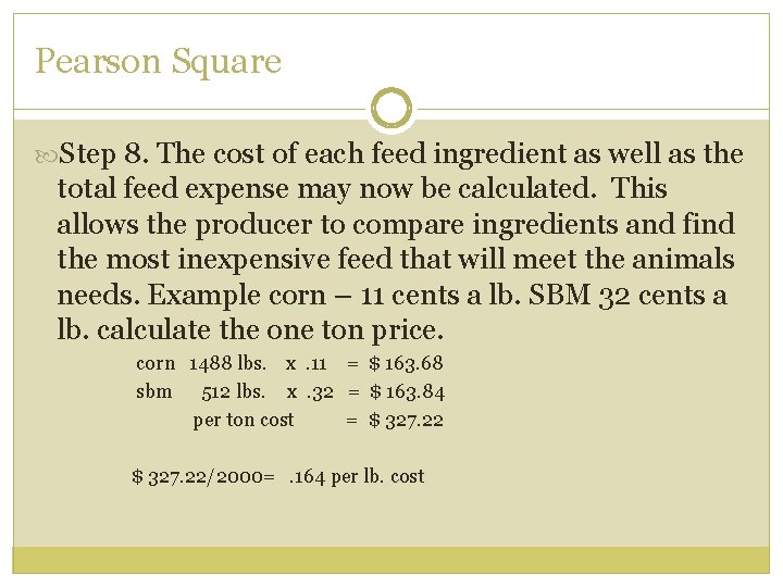 Pearson Square Step 8. The cost of each feed ingredient as well as the