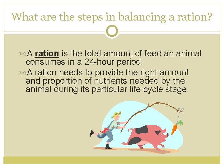 What are the steps in balancing a ration? A ration is the total amount