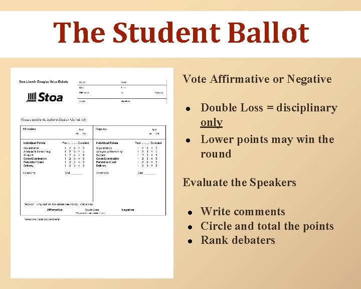 The Student Ballot Vote Affirmative or Negative ● ● Double Loss = disciplinary only